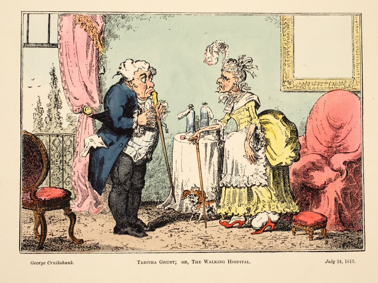 Tabitha Grunt; veya The Walking Hospital, pub. 1813 (el renkli gravür) by George Cruikshank
