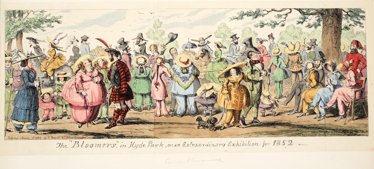 Hyde Park'taki Bloomers veya 1852 için Olağanüstü Bir Sergi, pub. 1852 (el renkli gravür) by George Cruikshank