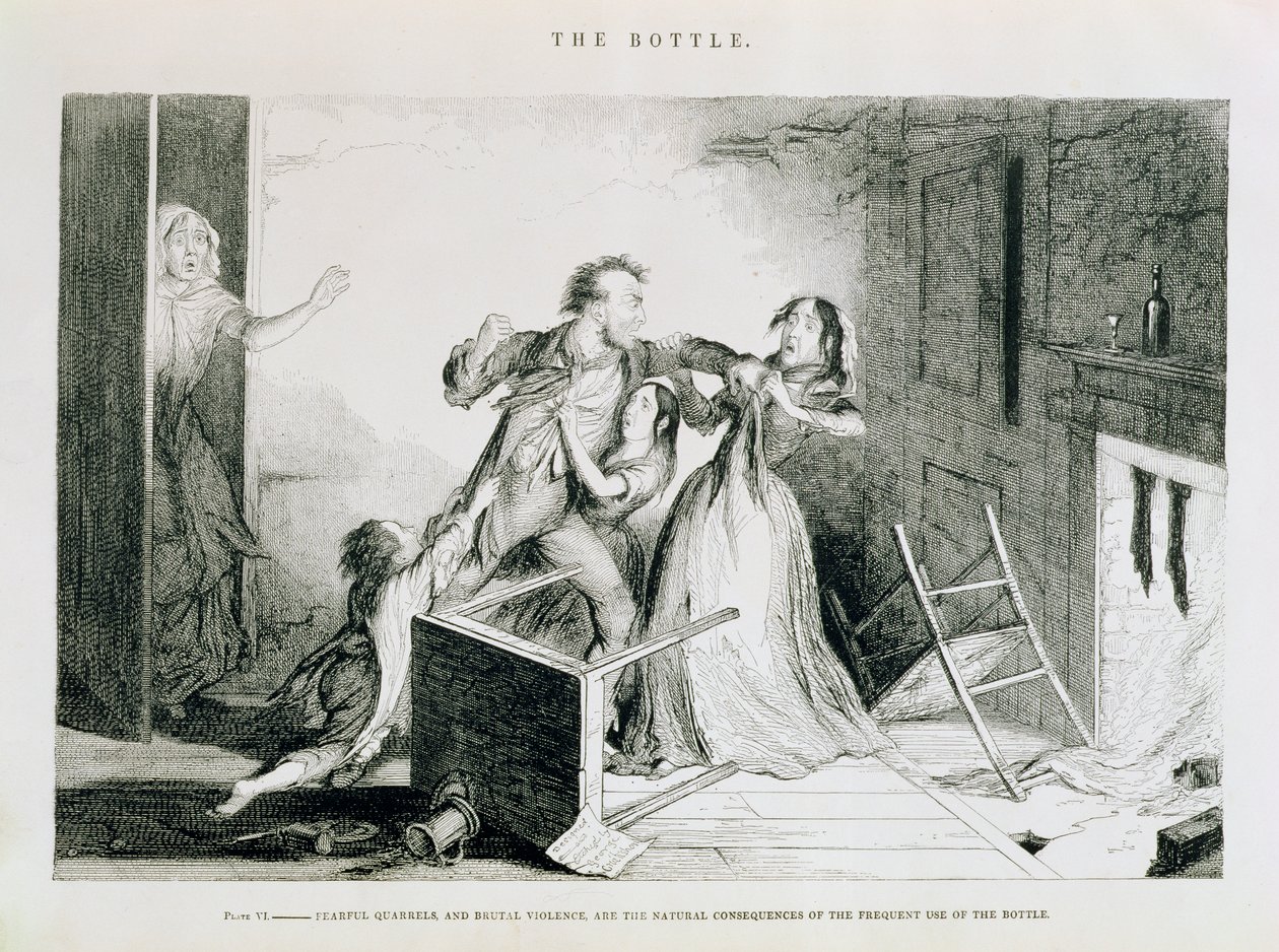 Şişe, Plaka VI, Korkunç kavgalar ve vahşi şiddet, şişenin sık kullanımının doğal sonuçlarıdır, 1847 by George Cruikshank