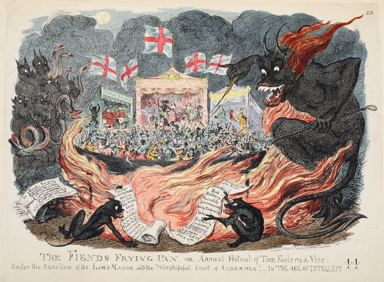 Fiends Kızartma Tavası veya Tom Foolery & Vice Yıllık Festivali, pub. 1832 (el renkli gravür) by George Cruikshank