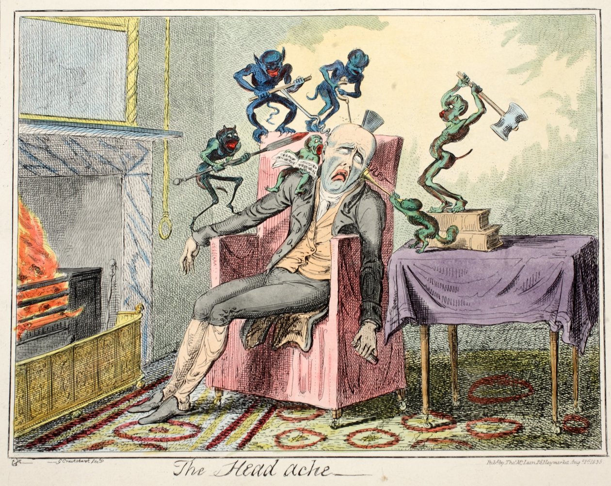 Baş Ağrısı, pub. 1835 (el renkli gravür) by George Cruikshank