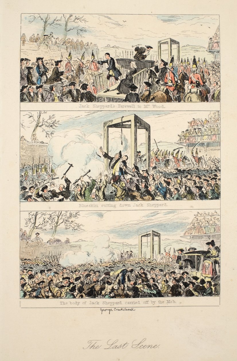 Son Sahne, William Harrison Ainsworth'un 'Jack Sheppard: A Romance' adlı eserinden bir çizim, 1839'da yayınlandı (el renkli gravür) by George Cruikshank