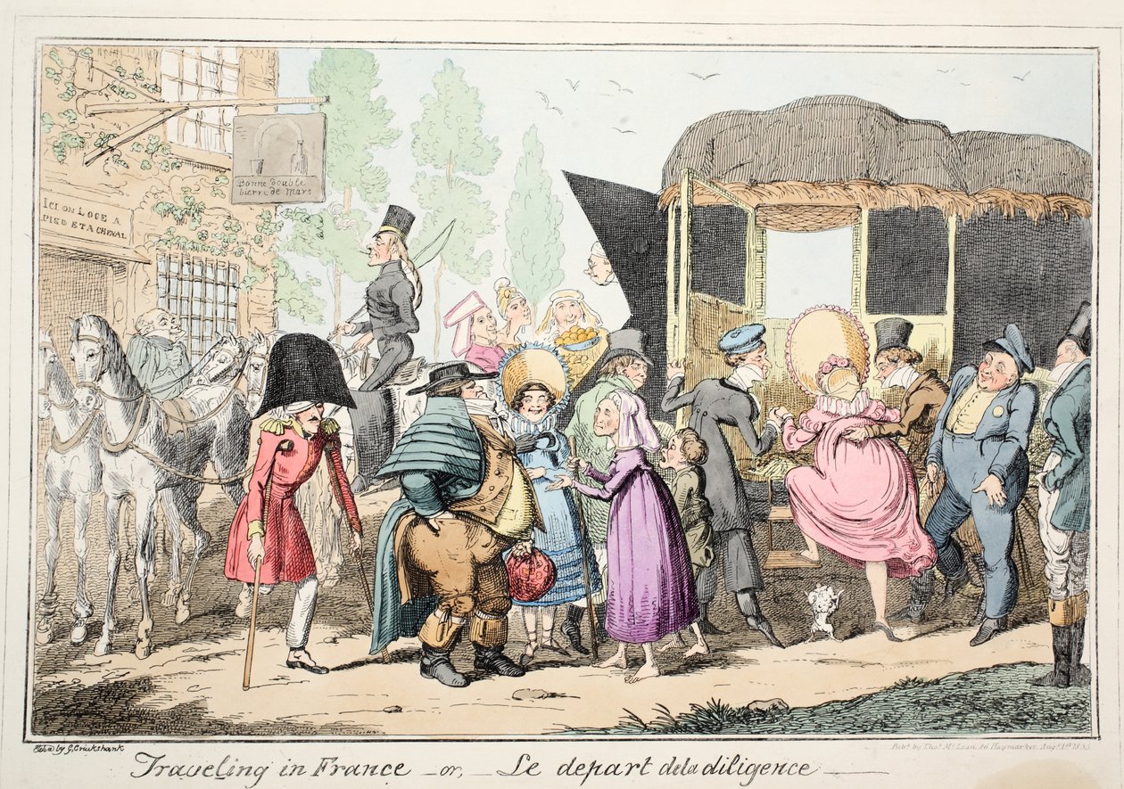 Fransa'da seyahat veya Le Depart de la Diligence, pub. 1835 (el renginde gravür) by George Cruikshank