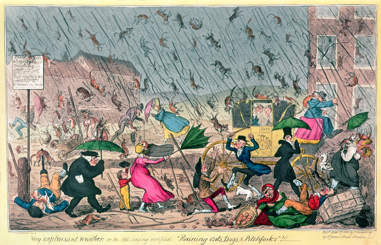 Çok Hoş Olmayan Hava veya Eski Deyiş doğrulanmış Kediler, Köpekler ve Dirgen Yağmuru!, pub. G. Humphrey tarafından, 1820 by George Cruikshank