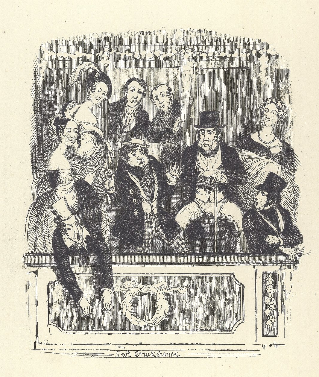 Victoria tiyatroseverleri bir Londra tiyatrosunda bir kutunun içine kalabalık (gravür) by George Cruikshank