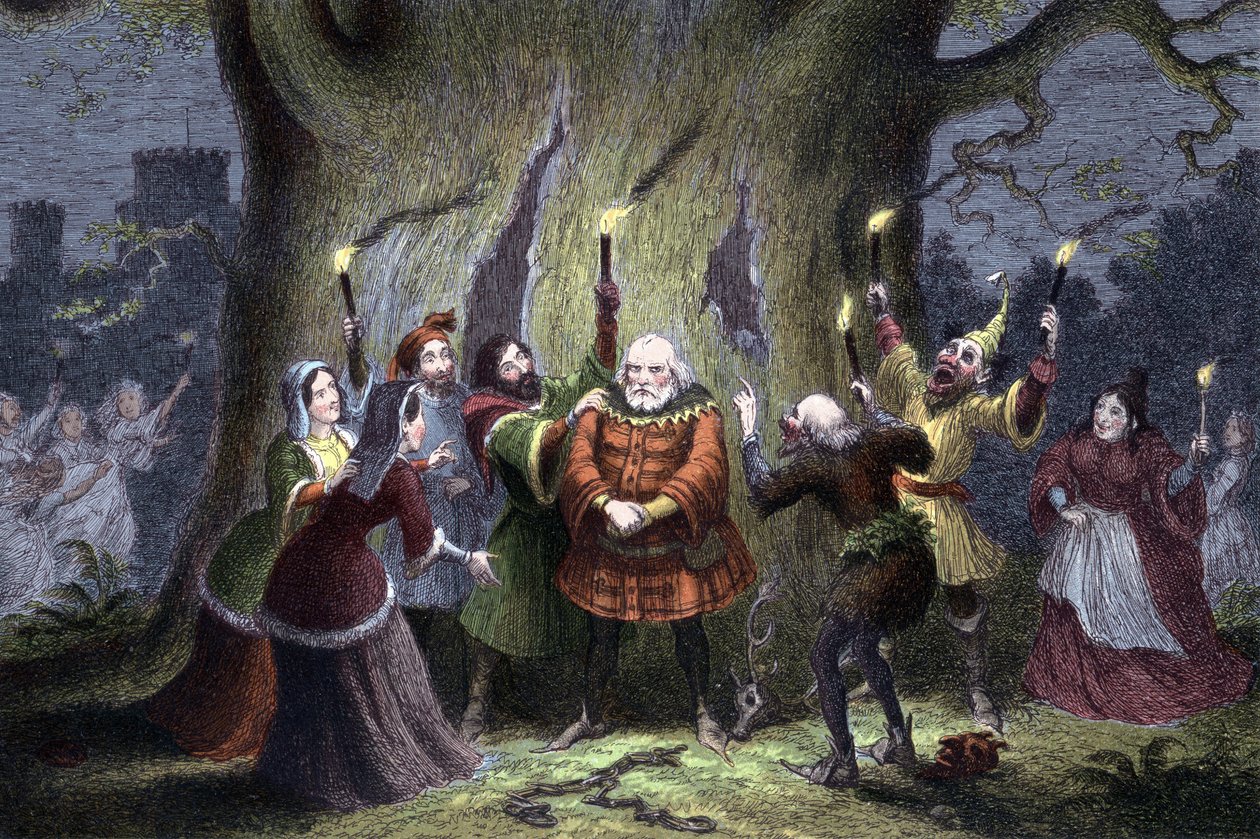 William Shakespeare Windsor'un Neşeli Eşleri, oyun ilk olarak 1597 veya 1600'de oynandı. Windsor Ormanı Metresi Ford'daki sözde görevini Avcı Herne olarak sürdüren ve 'periler' tarafından sıkıştırılıp yumruklanan Falstaff, 'Periler& by George Cruikshank