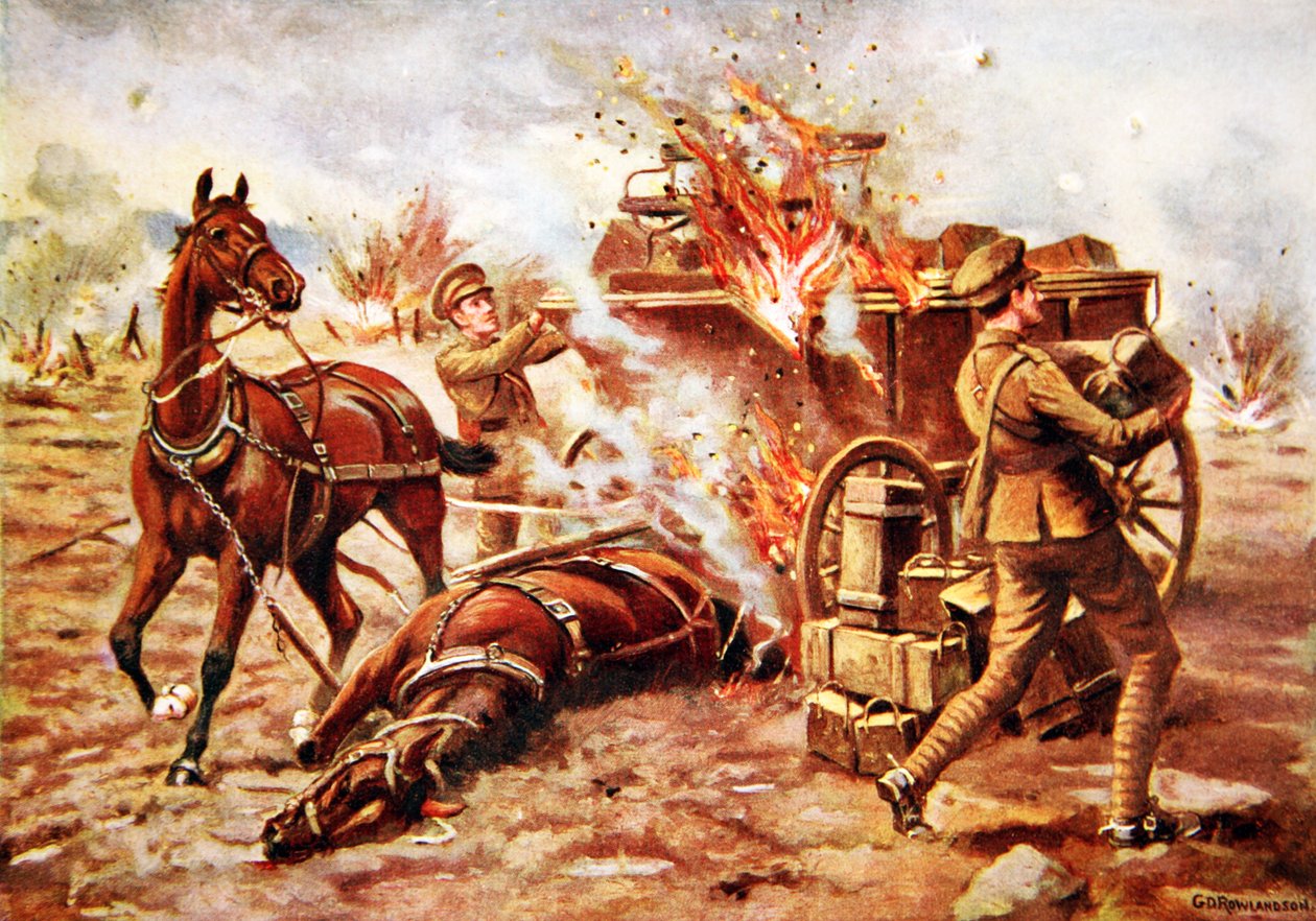 Oyunculuk-Bombardier H.A. Creasey, çok ağır mermi ateşi altında yanan bir mühimmat vagonunu boşaltmaya yardım ediyor by George Derville Rowlandson