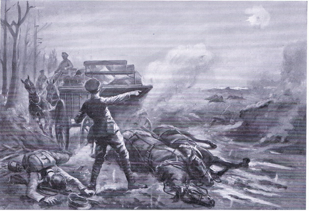 Onbaşı Ashworth, ağır ateş altında nakliye sütununu yeniden düzenliyor (DCM ödülüne layık görüldü) by George Derville Rowlandson