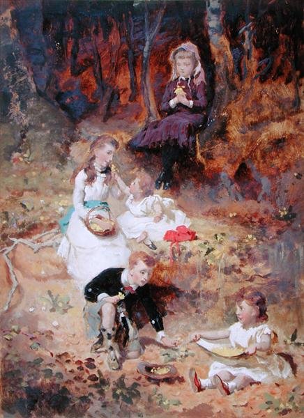 Ormanda Oynayan Beş Çocuk (kart üzerinde yağlı boya) by George Elgar Hicks