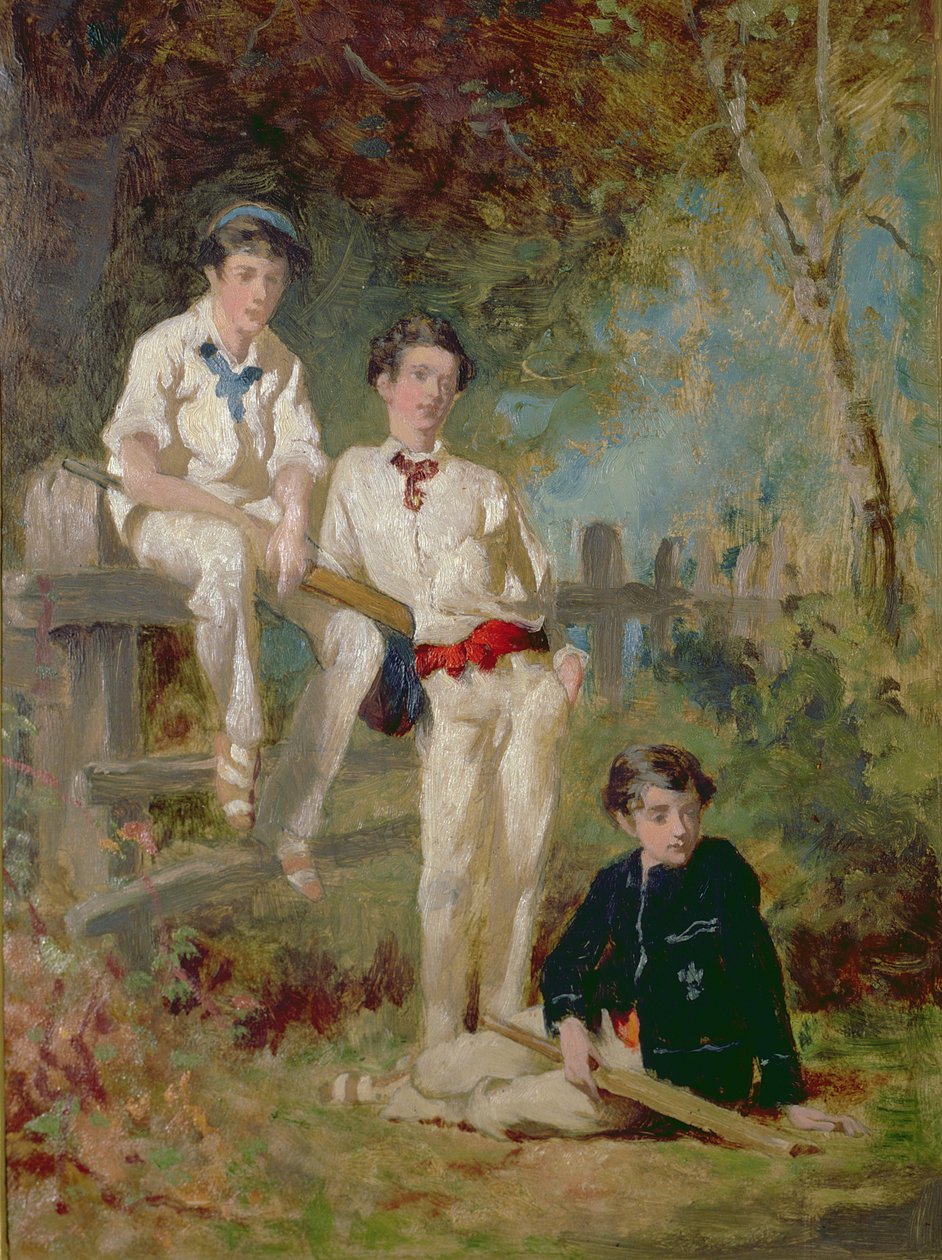 Üç Genç Kriketçi, c.1883 (kart üzerinde yağlı boya) by George Elgar Hicks