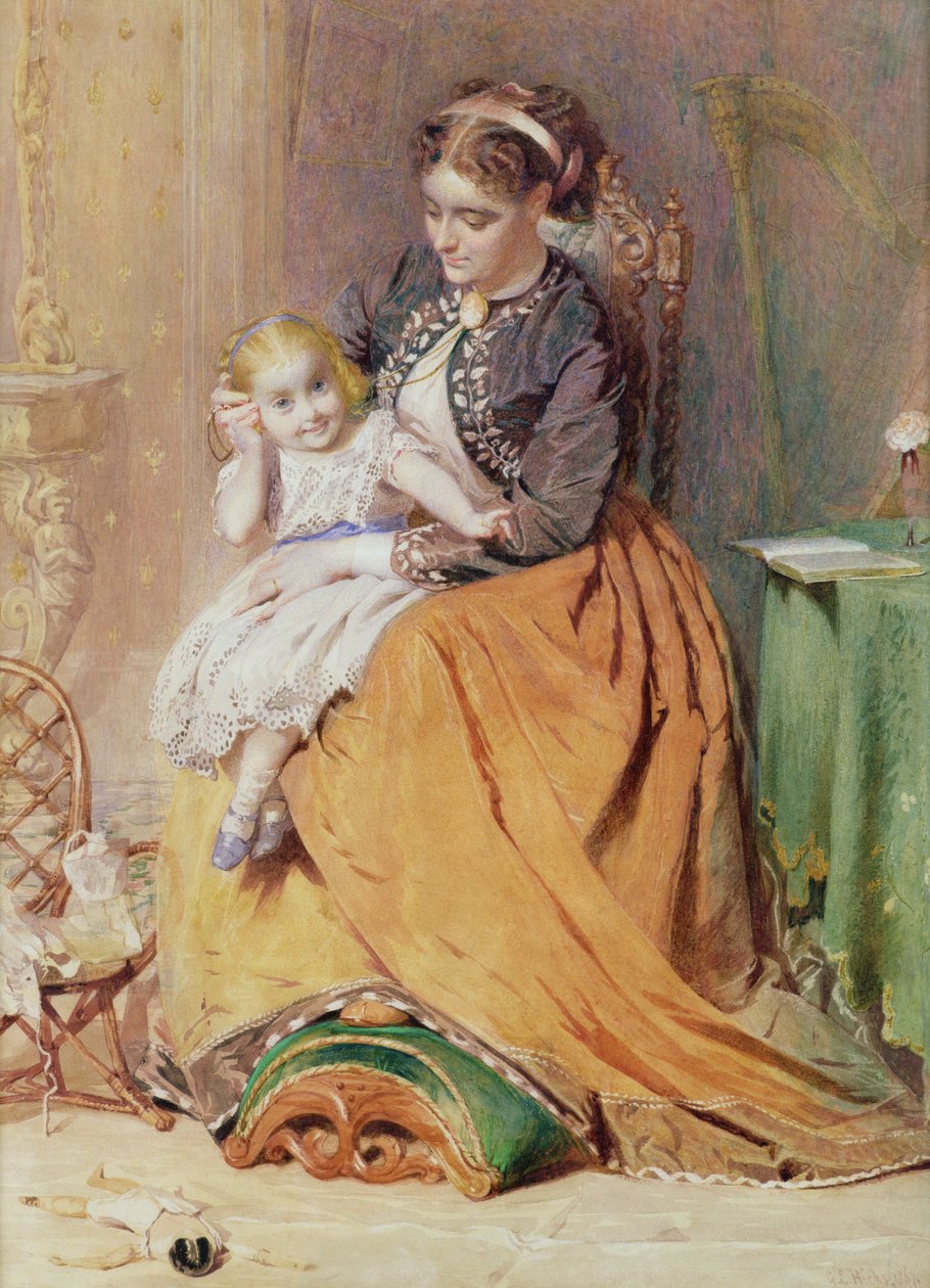 Tick, Tick, Tick - annesinin kucağında oturan altın saatinin tik taklarını dinleyen bir kız, 1867 by George Elgar Hicks