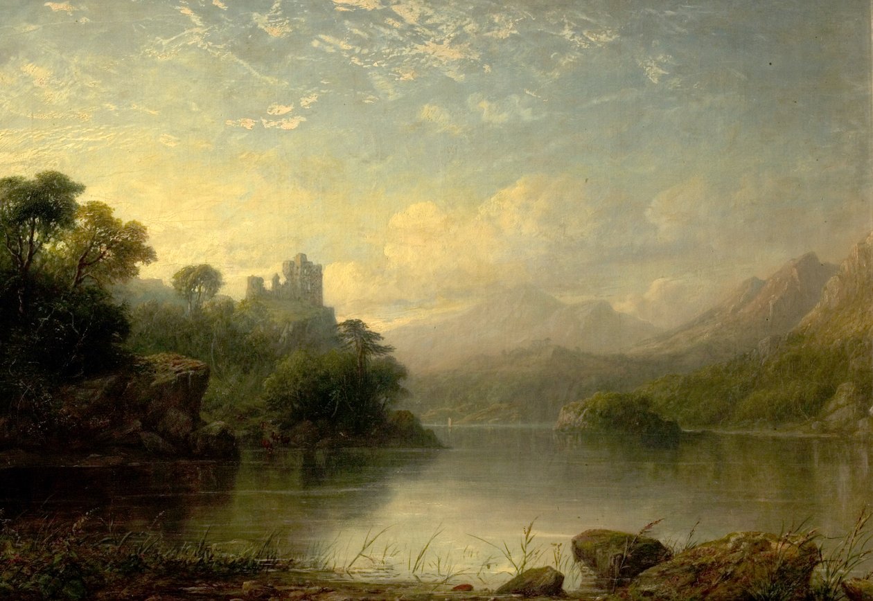 Yıkılmış Kale ve Dağlar ile Göl Manzarası, 19. yüzyıl by George F. Buchanan