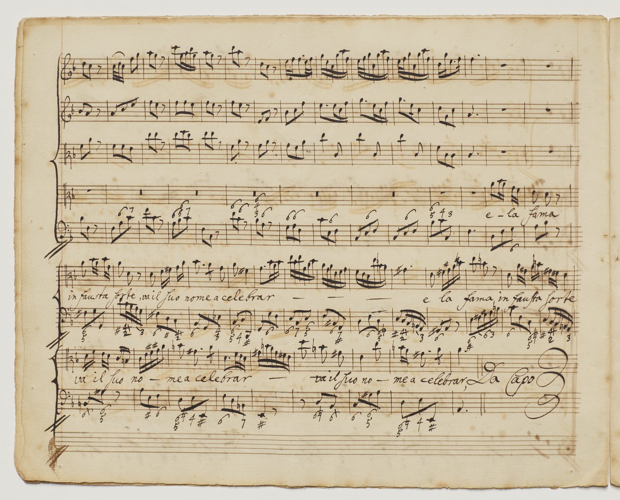 Preggio, "Rinaldo için Aditionall [sic] şarkılar" dan "un alma forte, f.6v", c.1717 satıldı by George Frederick Handel