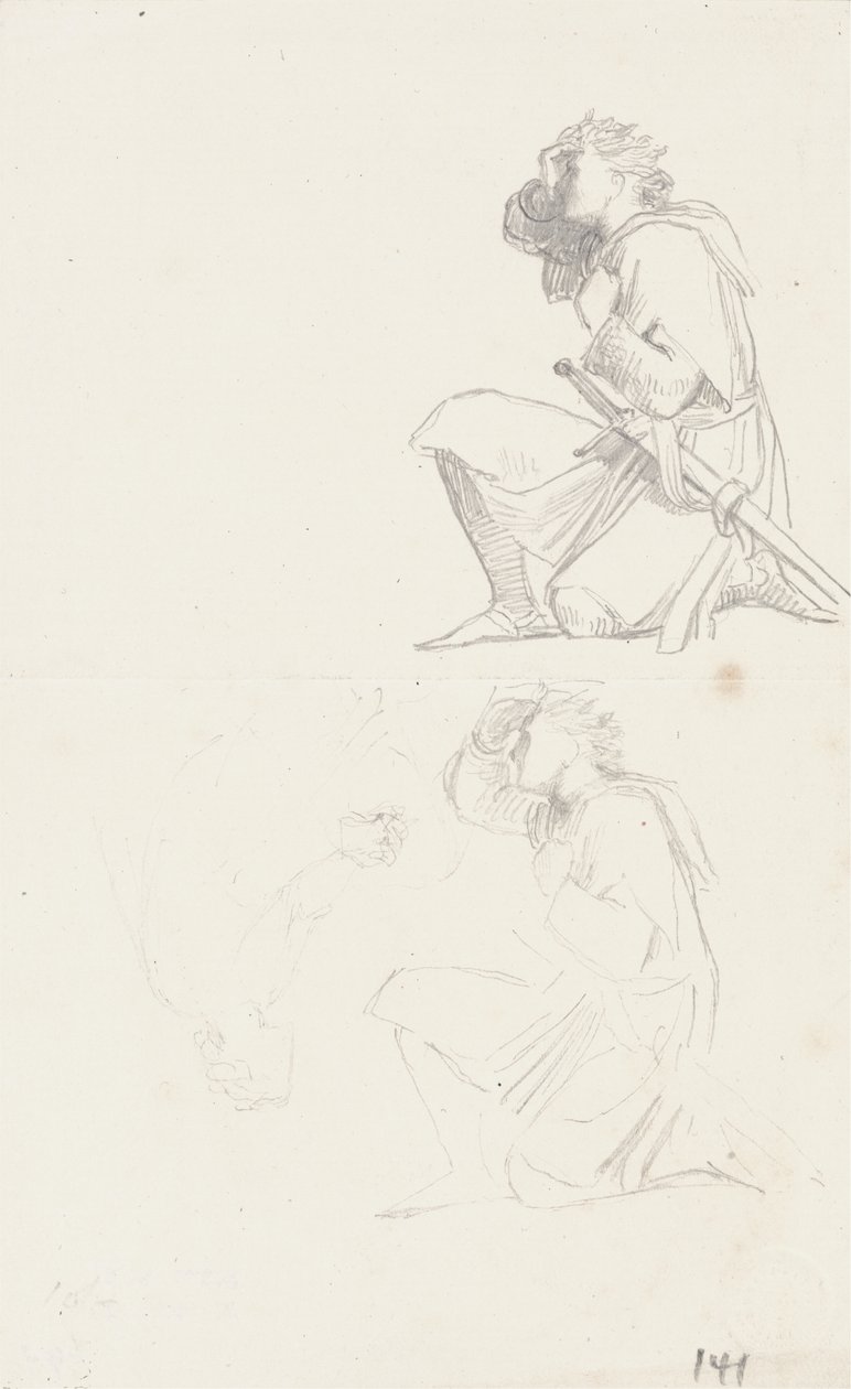 Diz çökmüş bir şövalyenin çalışmaları (grafit) by George Frederick Watts