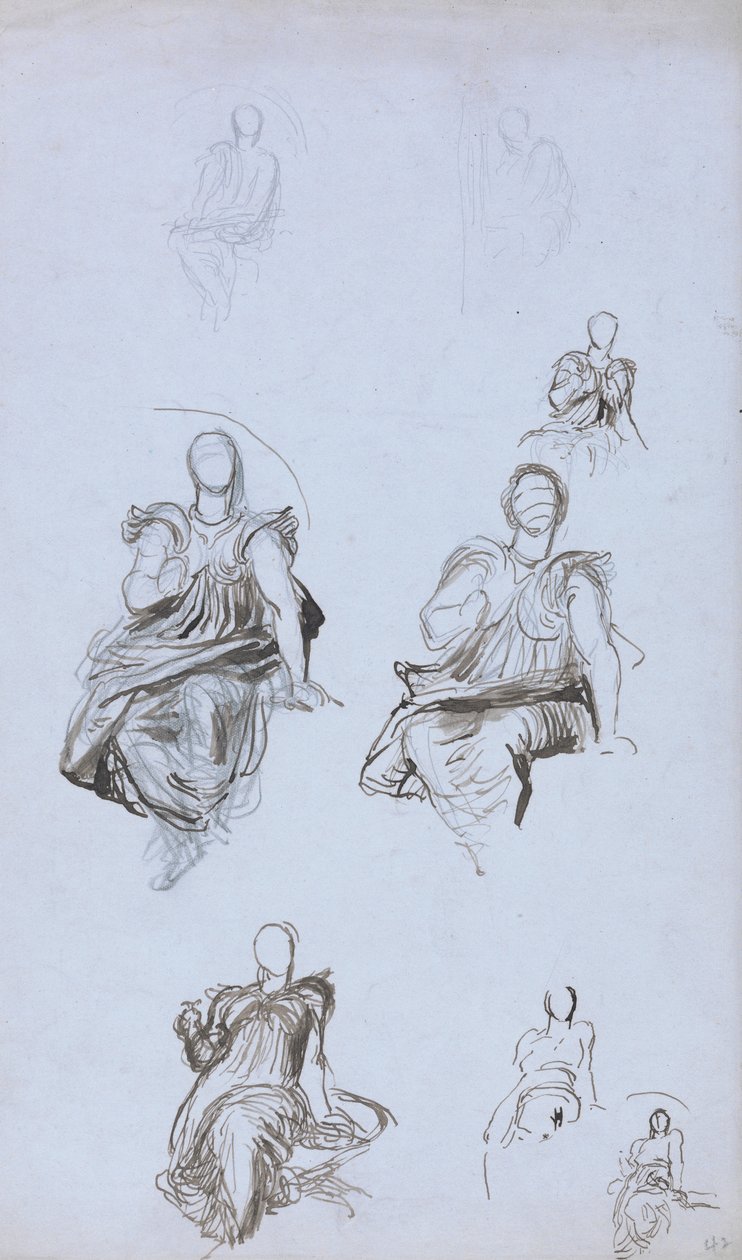 Bir kitapla oturan bir figürün çalışmaları (kalem & kahverengi mürekkep ve mavi kağıt üzerinde grafit) by George Frederick Watts