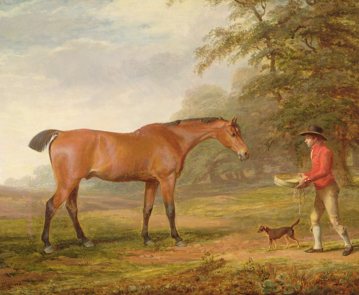 Ahır delikanlısının yiyecek ve yular ile yaklaştığı bir körfez atı, 1789 by George Garrard