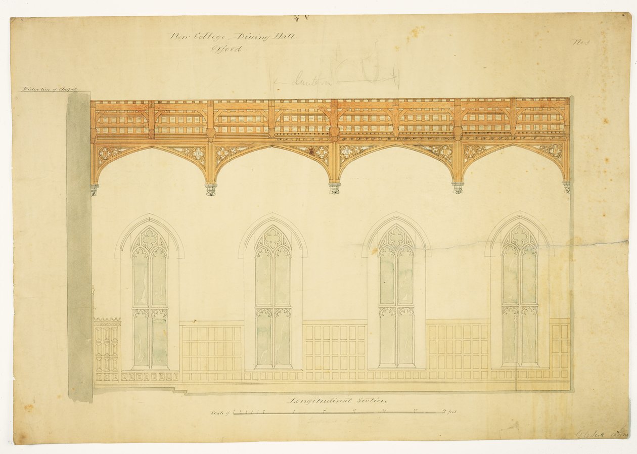 New College Oxford: New Hall Roof tasarımı, 1865 (kağıt üzerinde kalem ve mürekkeple yıkama) by George Gilbert Scott