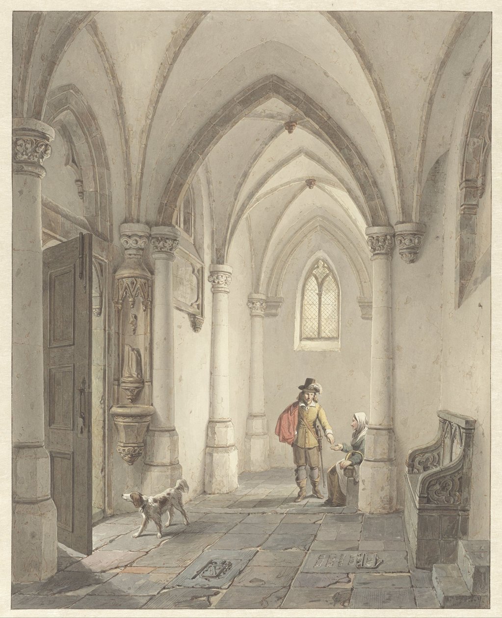 Dilenci kadına sadaka veren adamla kilise iç by George Gillis Haanen