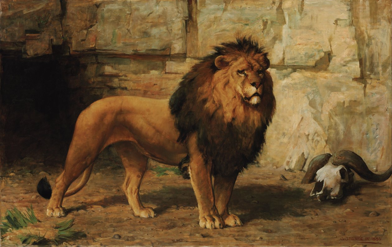 İnini koruyan bir aslan by George Goodwin Jnr Kilburne