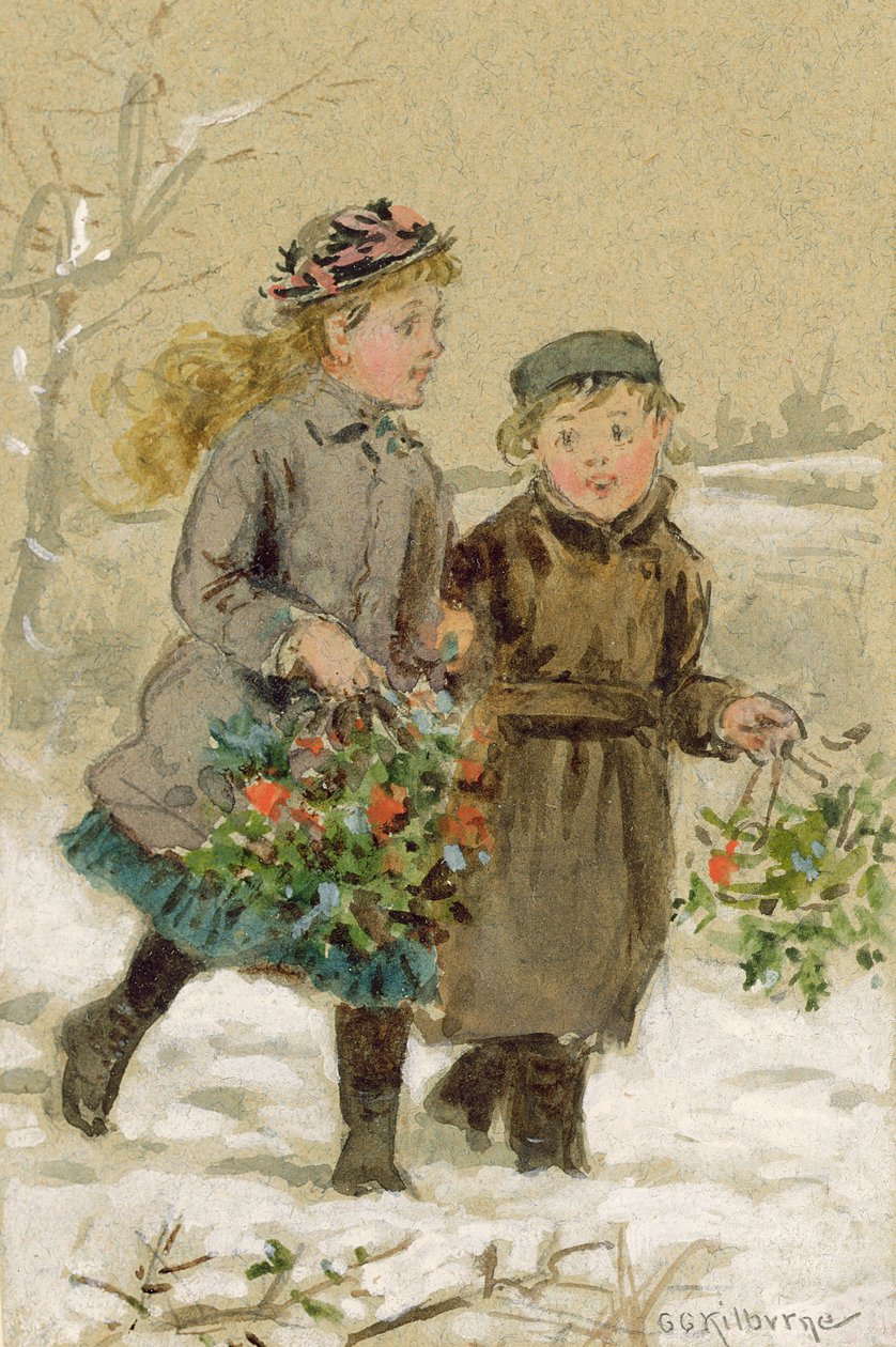Karda Oynayan Çocuklar - Holly Toplama (wc kağıt üzerinde beyaz ile yükseltilmiş) (çift için bkz. 224240) by George Goodwin Kilburne