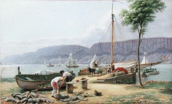 Öğleden sonra - Hastings İniş. Palisade Rocks in Shadow, New York, c.1836 (kağıt üzerine suluboya, guaj ve grafit) by George Harvey