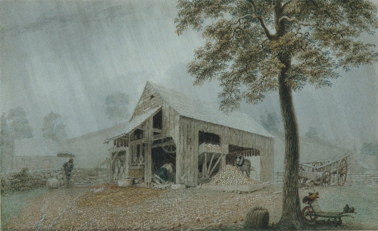 Rainstorm, Cider Mill, Redding, Connecticut, c.1840 (beyaz dokuma kağıt üzerine suluboya ve guaj boya) by George Harvey