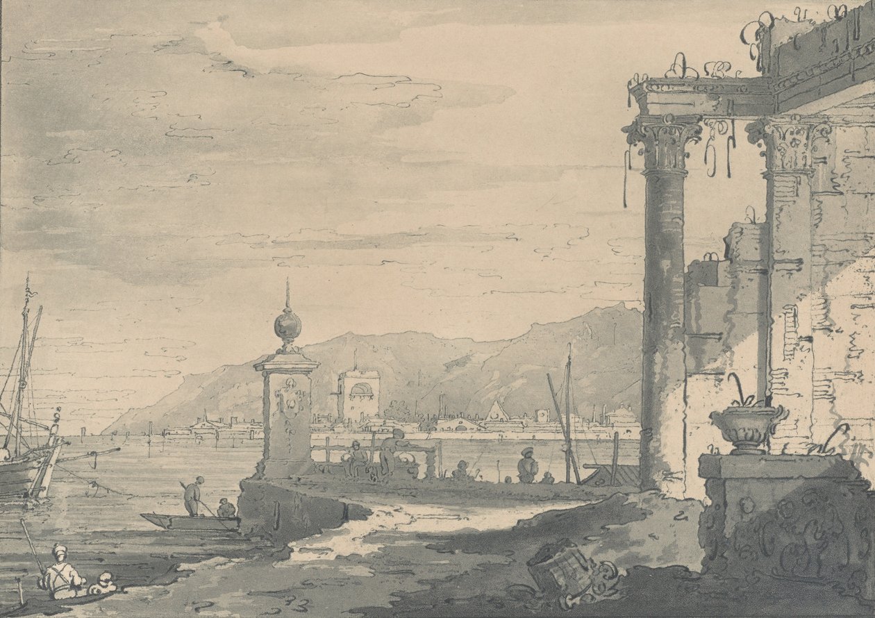 Sağda klasik bir harabe olan bir sahil sahnesi, 1811. by George Hawkins