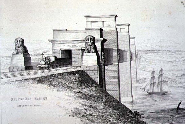 Britannia Köprüsü, Anglesey Girişi, sanatçı tarafından oyulmuş, pub. 1849 (lito) (renk için bkz. 122445) by George Hawkins