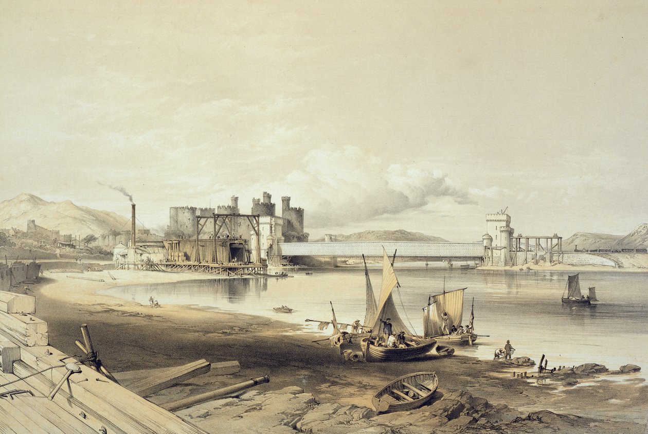 Conway Köprüsü, İkinci Tüpün İnşası, Eylül 1848, sanatçı tarafından oyulmuş by George Hawkins