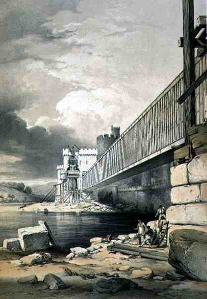 Conway Tubular Bridge, İkinci Tüpü Yükseltme Hazırlıkları ile, pub. 1849