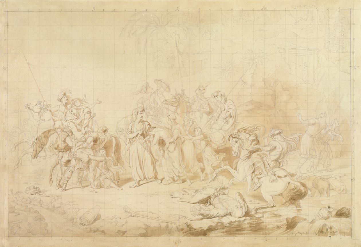 Kürdistan Eşkıyası, Çerkes Kadınlarını Şaşırtma ve Sürüklemede Gürcülere Yardım Eder. 1827-28 c. (dokuma kağıt üzerine kalem ve kahverengi mürekkep) by George Hayter