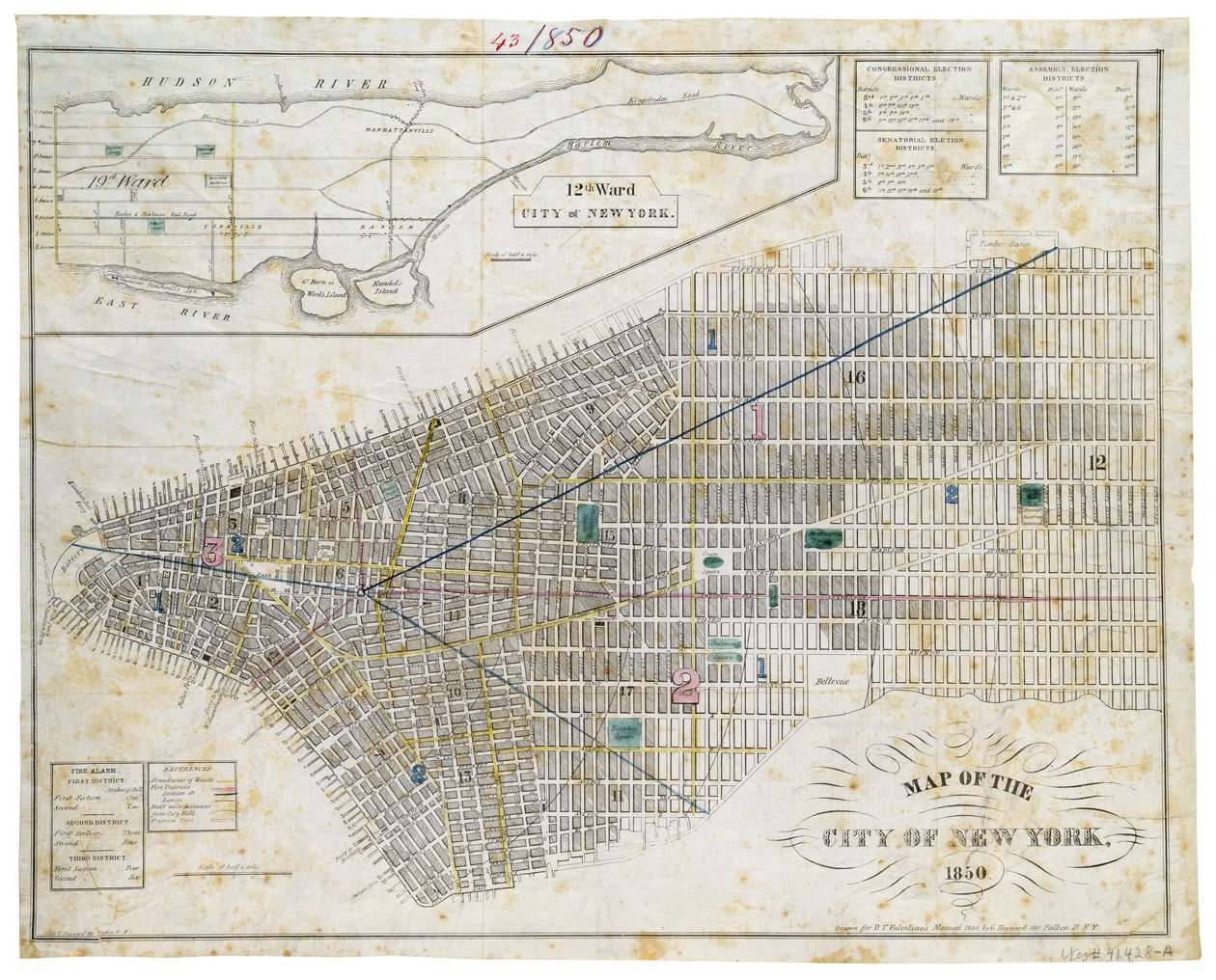 New York Şehri Haritası, 1850 (siyah mürekkep, renkli yıkama, kağıt üzerinde) by George Hayward