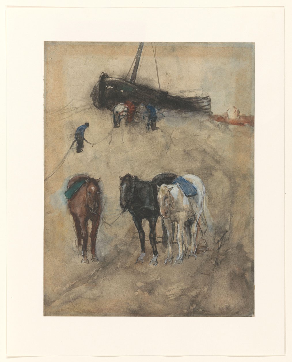 Sahilde atlar, arka planda bir mavna ve balıkçılar by George Hendrik Breitner