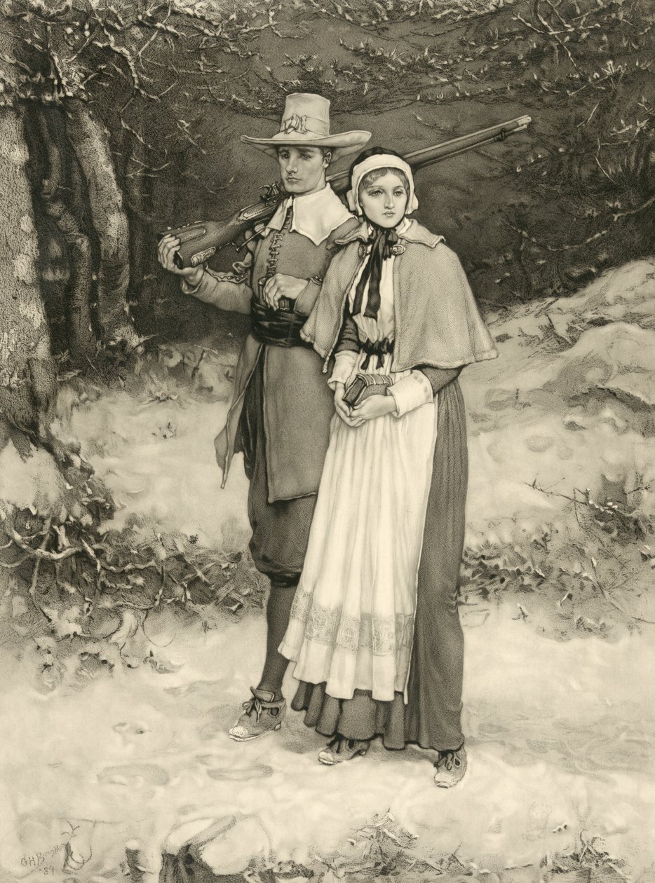 Puritan couple on their way to Sunday worship, engraved by Thomas Gold Appleton, 1885  by George Henry Boughton
