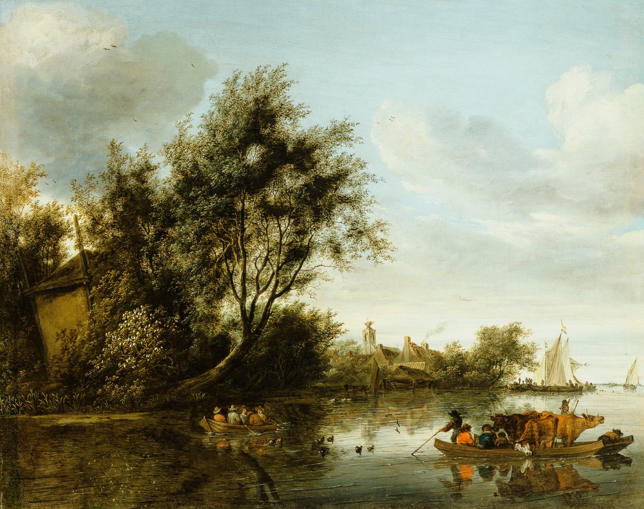 Ağaçların Arasında Bir Saman Ocağı ve Yolcuların ve Sığırların Olduğu Bir Feribot ile Bir Nehir Manzarası by George Henry Clements