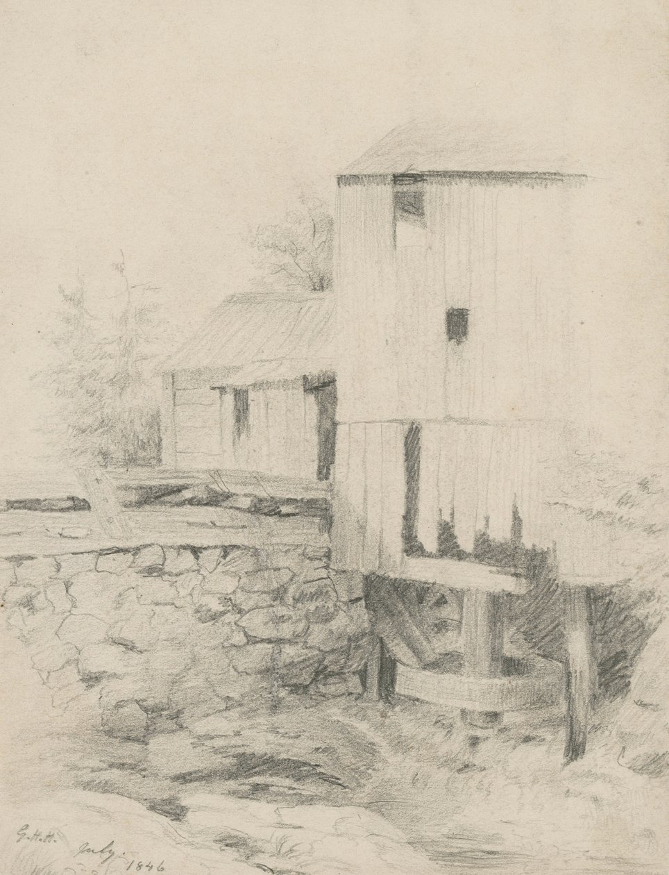 The Old Mill, 1846 (graphite on buff wove paper) by George Henry Hall