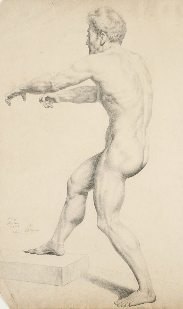 İsimsiz - Bir litografiden kopyalanmış erkek çıplak, 1842 (devetüyü dokuma kağıt üzerinde grafit) by George Henry Hall