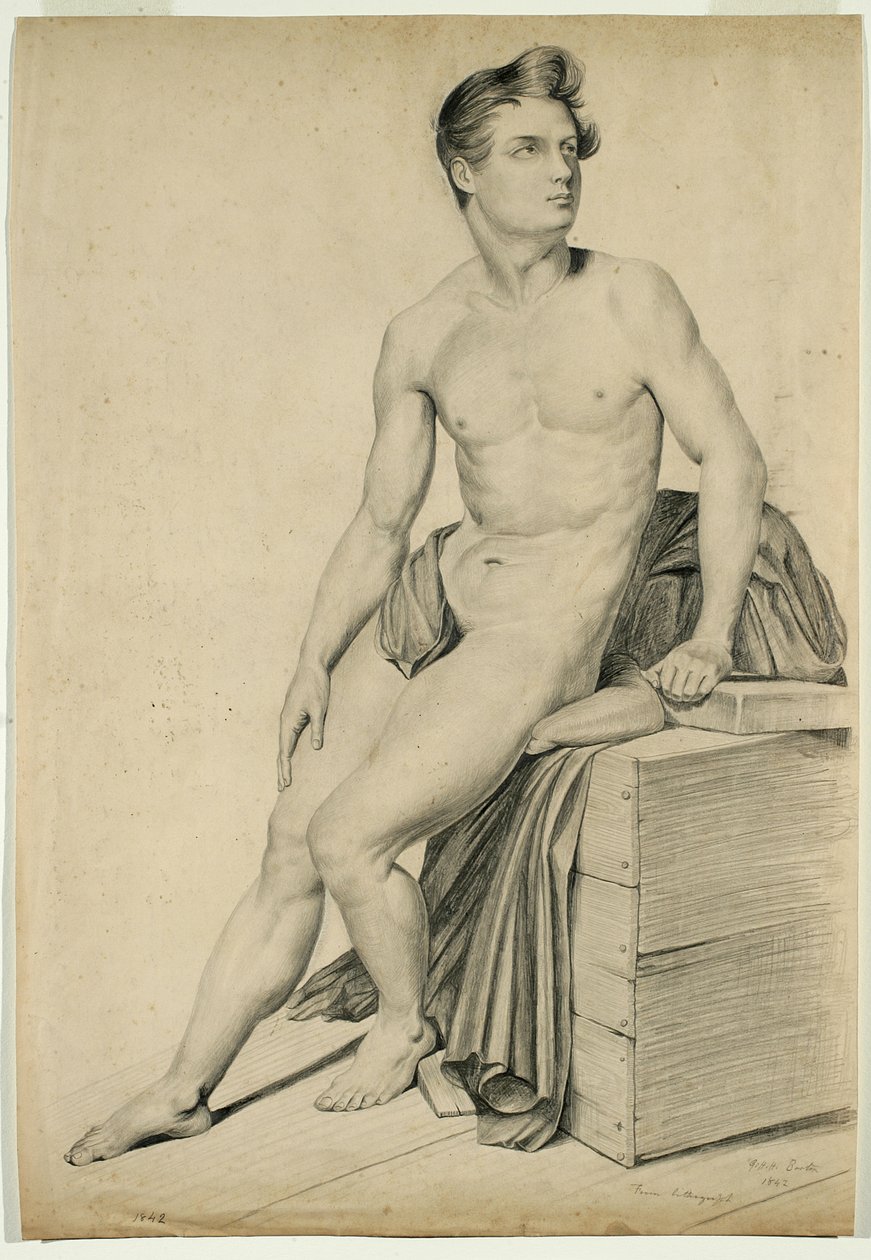 İsimsiz - Bir litografiden kopyalanmış erkek çıplak, 1842 (devetüyü dokuma kağıt üzerinde grafit) by George Henry Hall