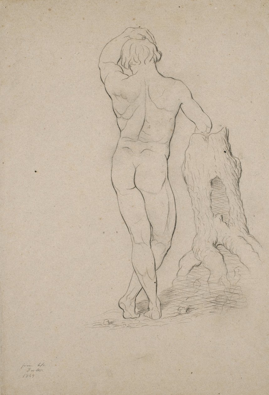 İsimsiz - Erkek çıplak, arkadan görünüm, 1846 (kahverengi dokuma kağıt üzerine kömür) by George Henry Hall