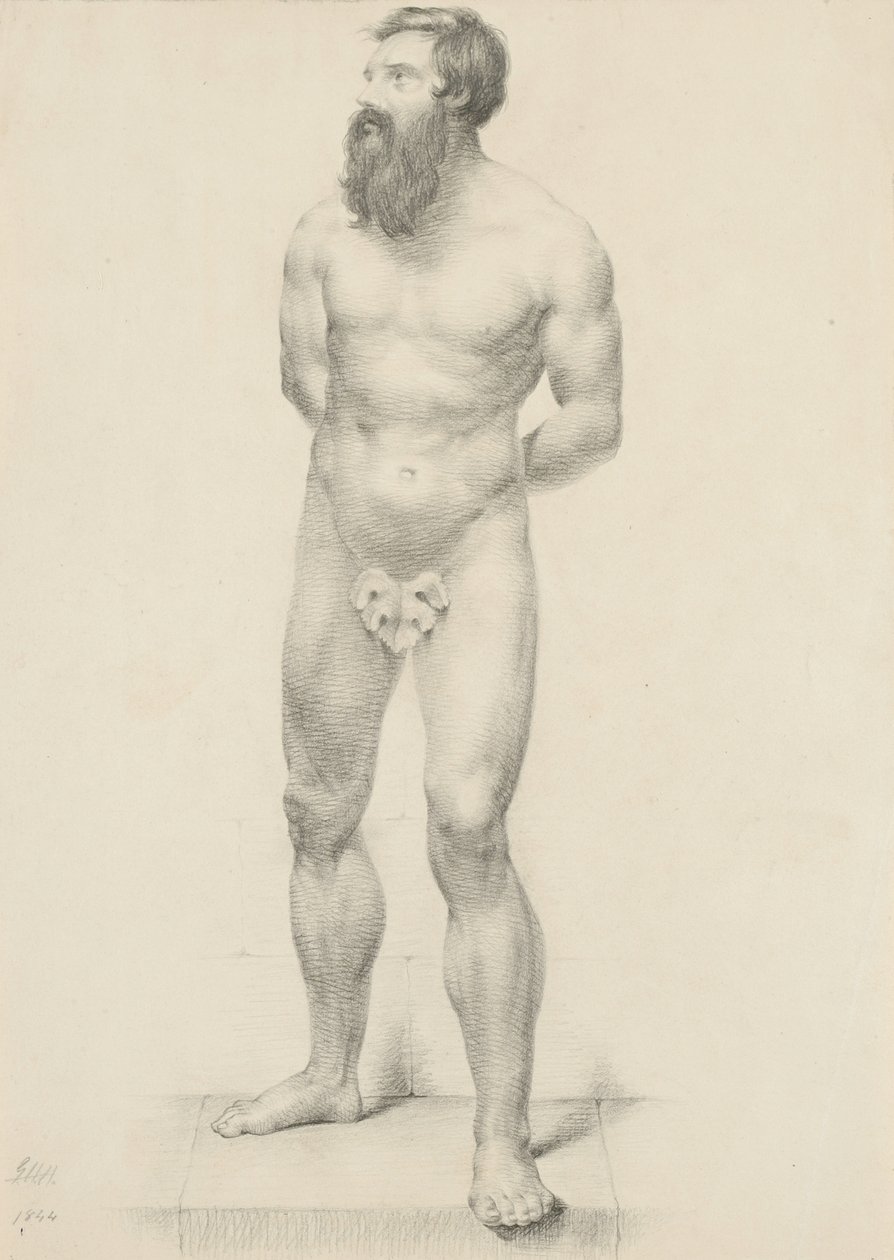 İsimsiz - İncir yaprağıyla çıplak duran erkek, 1844 (devetüyü dokuma kağıt üzerinde grafit) by George Henry Hall
