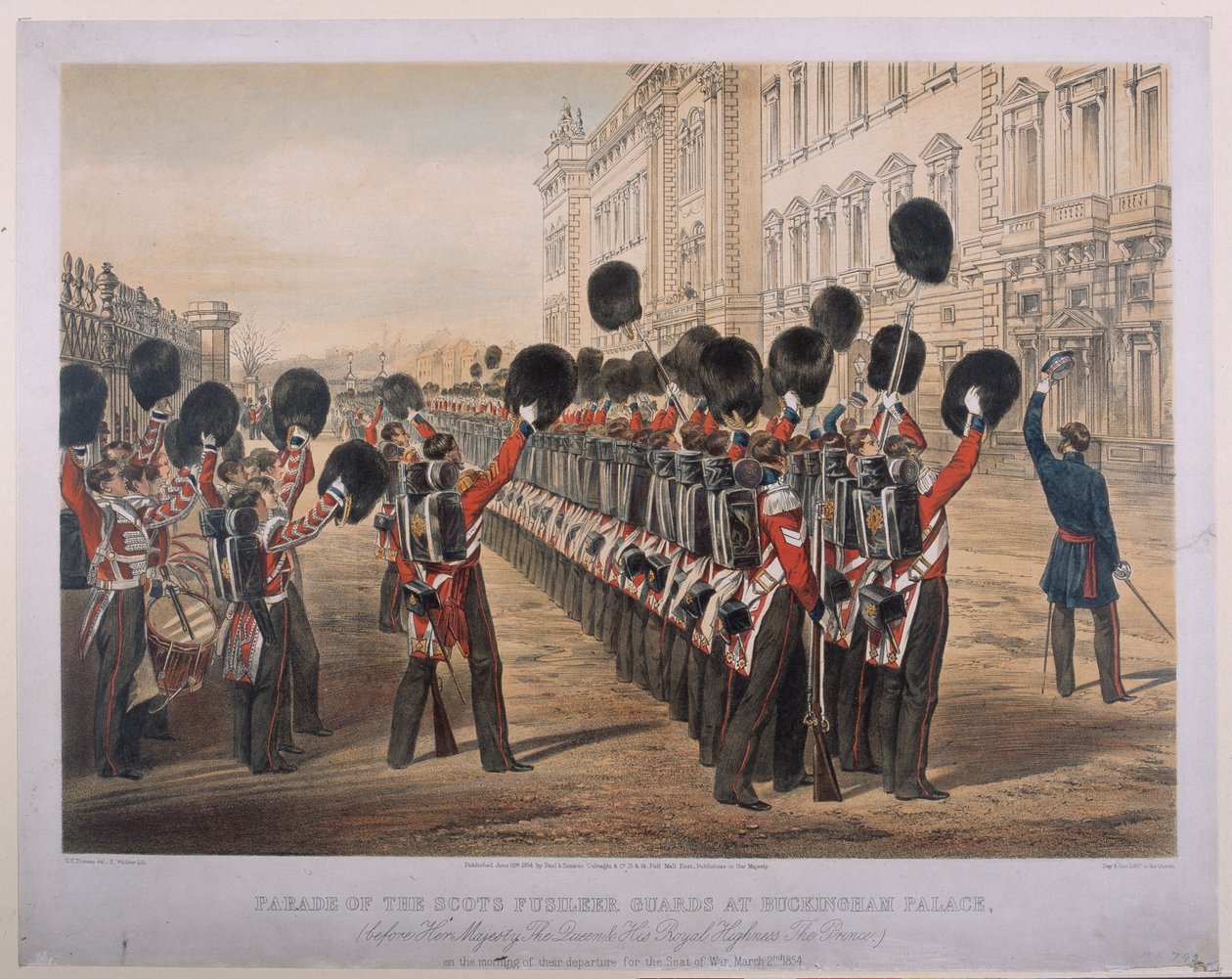 İskoç Fusilier Muhafızlarının Savaş Makamı'na hareketlerinin sabahı Buckingham Sarayı'ndaki geçit töreni, 2 Mart 1854, E. Walker tarafından oyulmuş, Colnaghi und Co. tarafından yayınlanmış, 1854 by George Housman Thomas