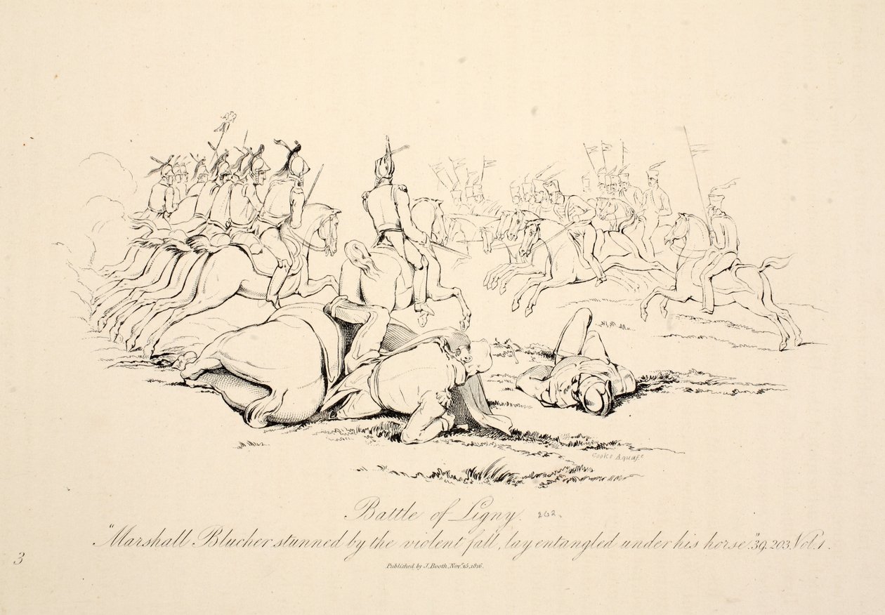 Ligny Muharebesi: Marshall Blucher şiddetli düşüşle sersemletildi, atının altına dolandı, pub J. Booth, 1816 by George Jones