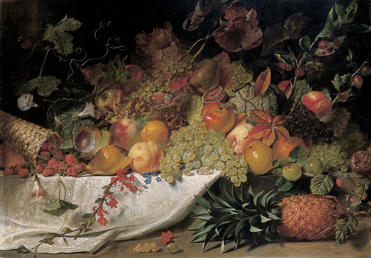 Taş bir çıkıntıda meyve ve çiçekler, 1829 by George Lance