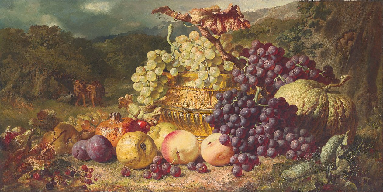 Bir manzarada meyveli natürmort, ötesinde bir av partisi, 1859 by George Lance