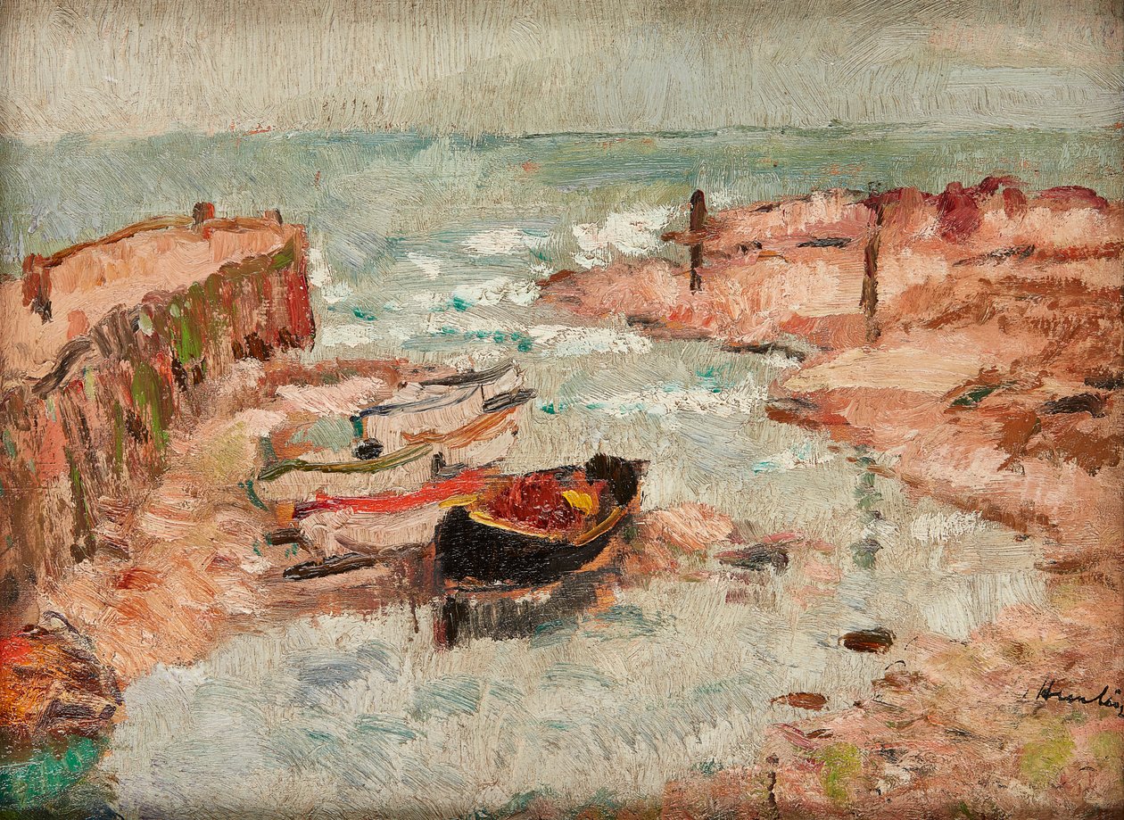 Sahilde Tekneler, Aşağı Largo (panelde yağ) by George Leslie Hunter