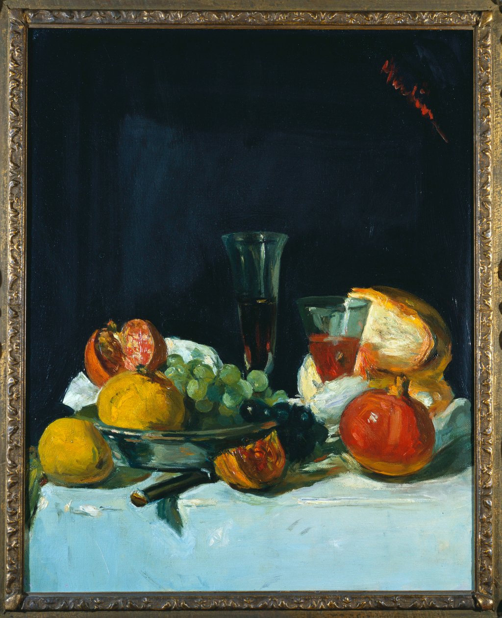 Beyaz Şarap Kadehleri ve Somun Ekmek ile Üzüm, Limon ve Nar by George Leslie Hunter