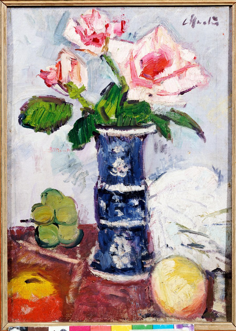 Çin Mavisi Beyaz Gu şeklinde Vazoda Pembe Güller by George Leslie Hunter