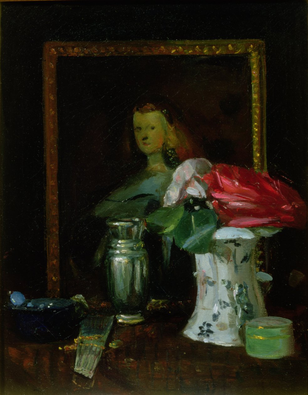 Natürmort Gül, Portre, Vazo ve Yelpaze by George Leslie Hunter
