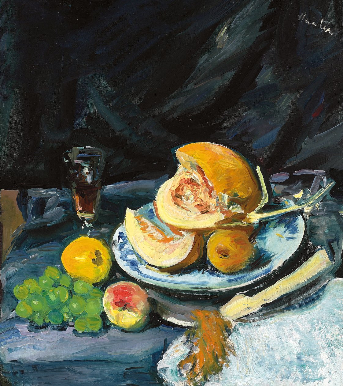 Kesilmiş Kavun, Cam ve Yelpazeli Natürmort, c. 1920 by George Leslie Hunter