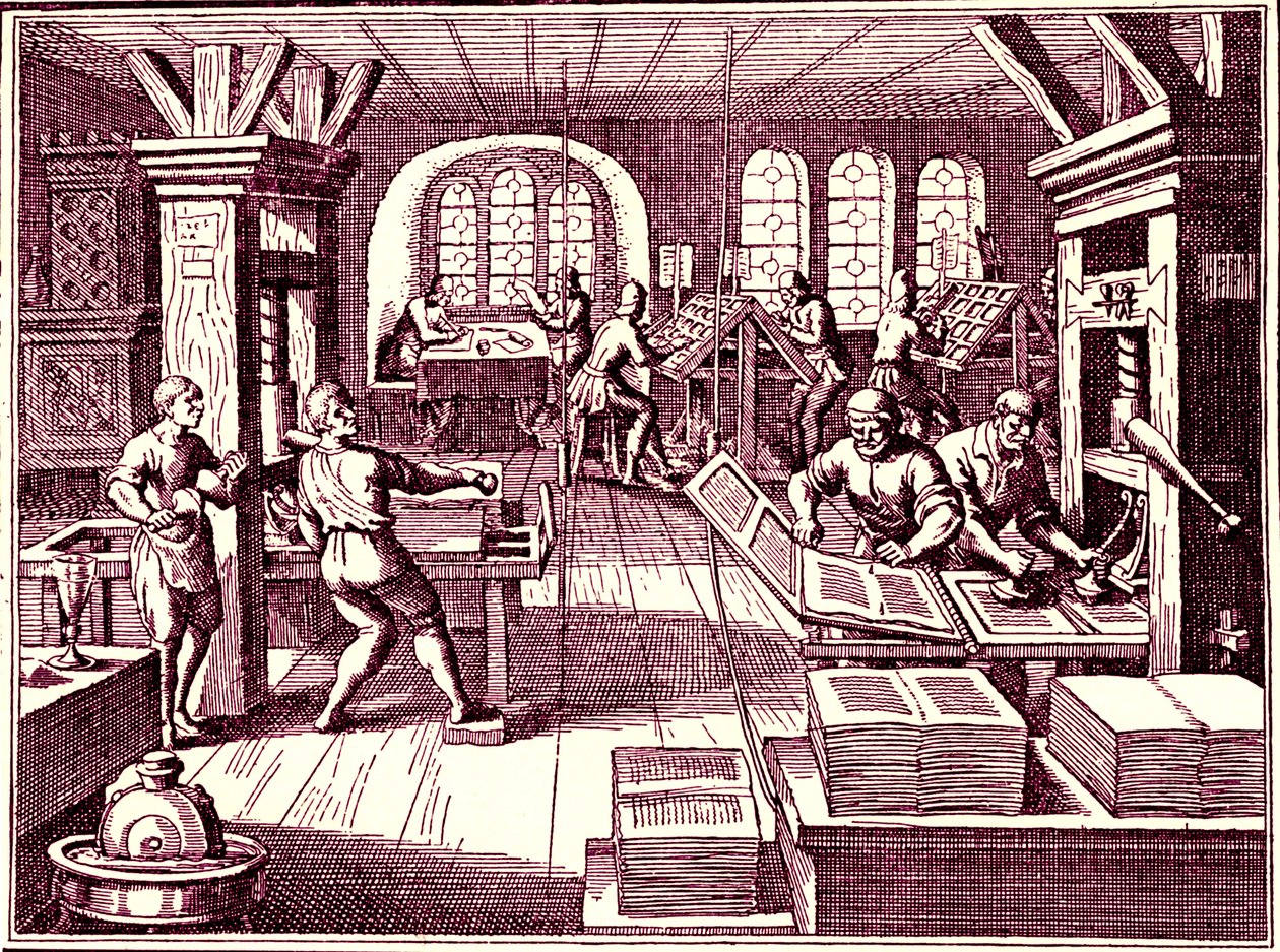 Bir matbaanın içinde, Almanya 1619 (gravür) by Bartolome Esteban and studio Murillo